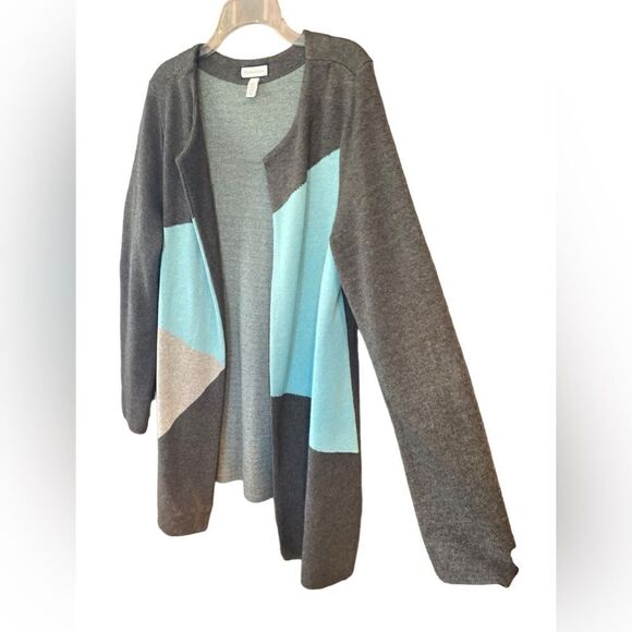 Charter Club Sz L Gray Turquoise Colorblock Long Duster Cardigan Sweater - Picture 3 of 7